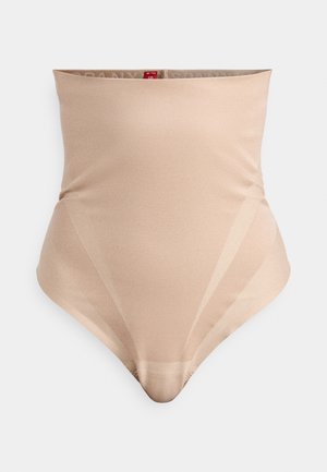 Beige high-waisted shapewear gemaakt van soepel, rekbaar materiaal met een naadloos ontwerp. Beschikt over een comfortabele tailleband en laag uitgesneden beenopeningen.