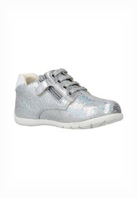 Silver sneakers with a textured, iridescent finish, white accents, and a combination of laces and side zipper for closure.