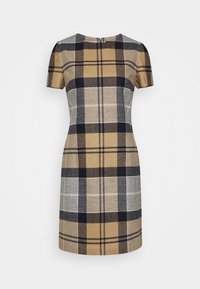 Robe à manches courtes en tissu à motifs présentant un design à carreaux beige, gris et bleu marine. La silhouette est ajustée avec un col rond.