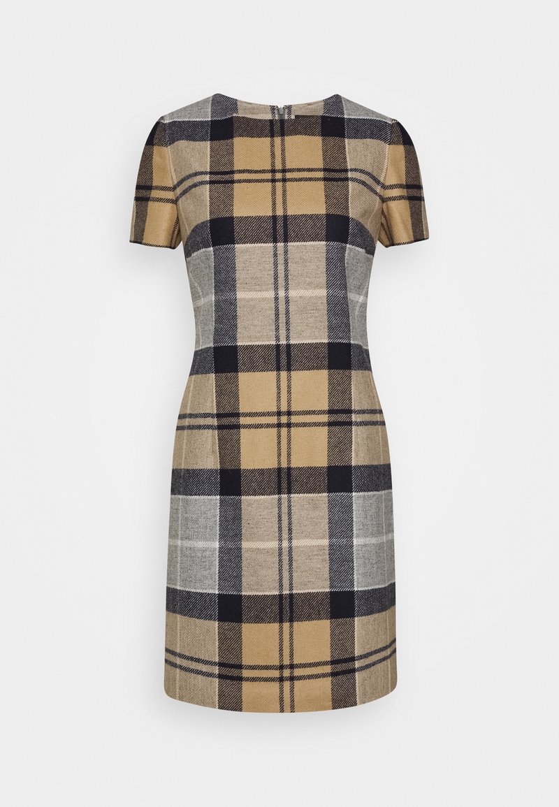 Robe à manches courtes en tissu à motifs présentant un design à carreaux beige, gris et bleu marine. La silhouette est ajustée avec un col rond.