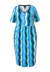 Vestido de manga corta con un profundo escote en V, que presenta rayas onduladas alternas en tonos de azul, verde y blanco. Tejido suave, corte relajado.