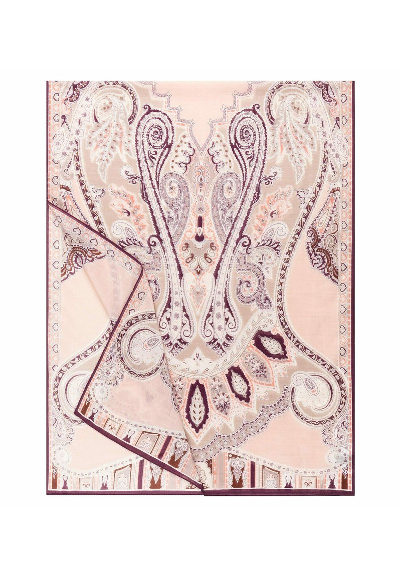 Seidenschal mit einem Paisleymuster in sanftem Rosa und tiefem Burgunder, verziert mit komplexen Wirbeln und floralen Akzenten. Die Ränder sind einfarbig burgunderrot.