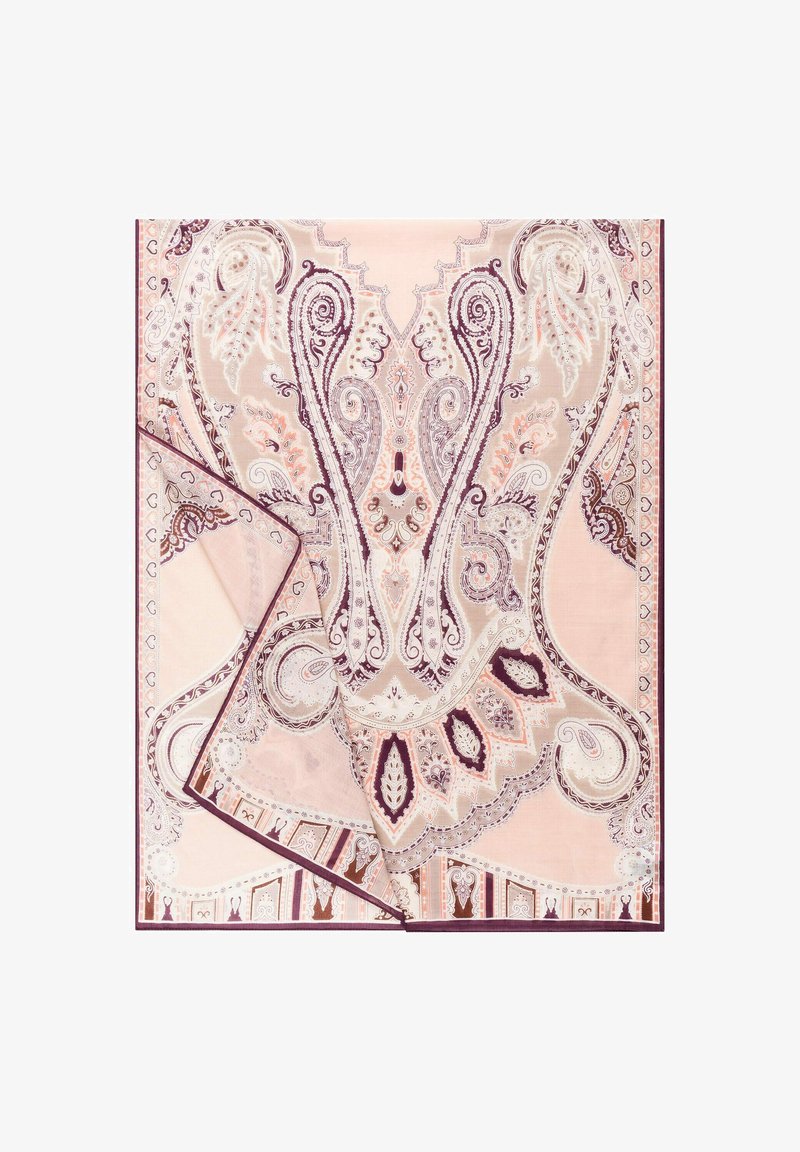 Seidenschal mit einem Paisleymuster in sanftem Rosa und tiefem Burgunder, verziert mit komplexen Wirbeln und floralen Akzenten. Die Ränder sind einfarbig burgunderrot.