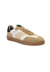 Beige- und Creme-Sneaker aus Wildleder und strukturiertem Stoff. Schwarzer Lederabsatz und Gummisohle. Schnürdesign und gepolsterter Schaft für Unterstützung.