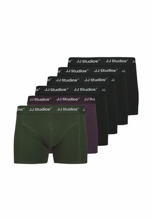 Sechs Paar Boxershorts in schwarz, dunkelgrün und dunkelviolett mit einem weichen Stoff, elastischem Bund und kontrastierendem Logo.