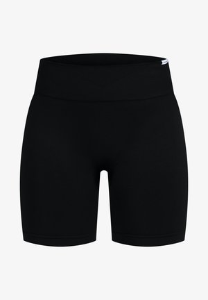Zwarte sportieve shorts met een brede, geribbelde tailleband. Gemaakt van gladde, rekbare stof met een getailleerde pasvorm en een korte zoom.
