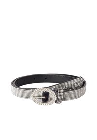 Cintura in pelle nera decorata con strass argentati; presenta una fibbia ovale in strass. Superficie testurizzata con una finitura lucida.