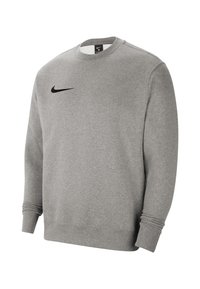 Szara bluza wykonana z mieszanki bawełny, z okrągłym dekoltem, ściągaczami u rękawów i czarnym logo Nike na górnej lewej stronie.