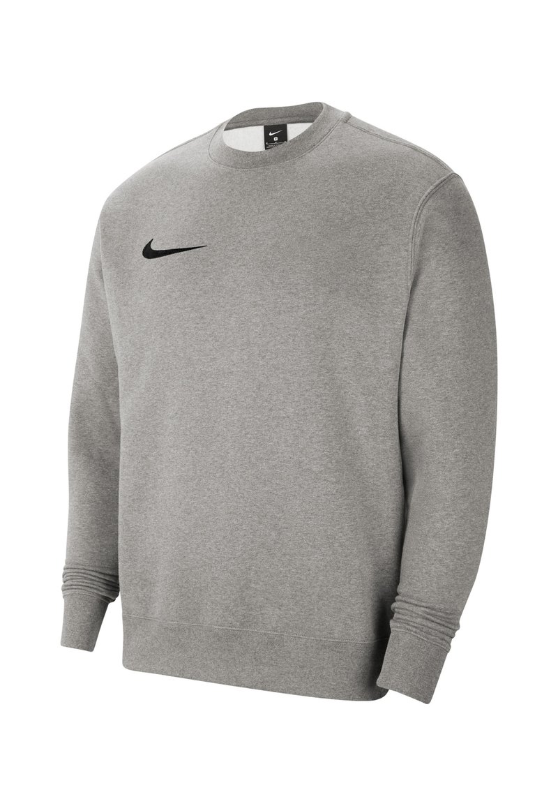 Szara bluza wykonana z mieszanki bawełny, z okrągłym dekoltem, ściągaczami u rękawów i czarnym logo Nike na górnej lewej stronie.