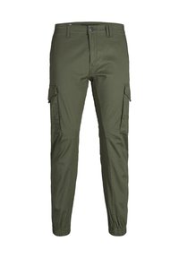 Olivové cargo kalhoty vyrobené z bavlněné směsi, s několika bočními kapsami, zúženými nohavicemi a elastickými manžetami pro funkční design.