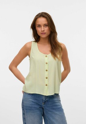 Haut sans manches vert clair à rayures verticales, avec un col rond et des boutons sur le devant. Fabriqué en tissu doux, coupe décontractée et design minimaliste.