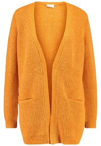 Orange stickad cardigan med öppen fram, lång ärm och två frontfickor.