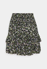 Jupe noire à volants avec un petit imprimé floral blanc, vert et bleu et une ceinture élastique froncée sur fond uni.
