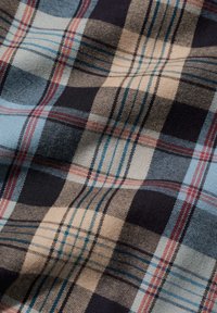 Karirani material s kombinacijo barv: svetlo modra, bež, temno mornarska modra in rdeča. Mehka tekstura z dobro opredeljenimi prečnimi črtami in kvadrati.