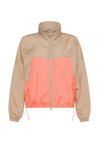 Letvægts zip-up jakke med en beige overdel og koralfarvet underdel, med ståkrave og elastiske manchetter. Struktureret stof med snor detaljer.