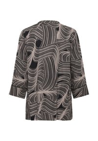 Mustmood, millel on laineline beež muster, lahti lõige, 3/4-sleeve ja sile tekstuur.