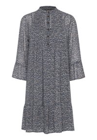 Vestido azul con flores, con cuello mandarín, tapeta de botones, mangas acampanadas de tres cuartos y dobladillo acampanado y fruncido. Fabricado en un tejido ligero y translúcido.