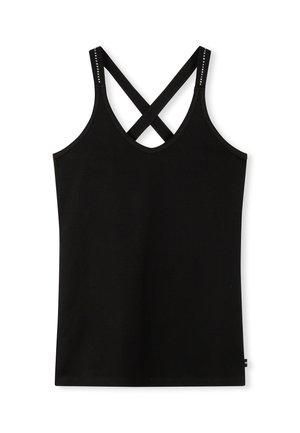 Zwarte tanktop met een aansluitend ontwerp, voorzien van kruislingse bandjes op de rug en kleine decoratieve studs op de band. Zacht, glad materiaal.