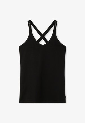Schwarzes Tanktop mit tailliertem Design, versehen mit überkreuzten Trägern auf der Rückseite und kleinen dekorativen Nieten an den Trägern. Weicher, glatter Stoff.