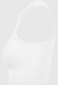 Débardeur court blanc sans manches avec un col rond et un tissu côtelé ajusté.