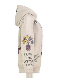Beige Kapuzenpullover mit bunten Blumenillustrationen und dem Text "Ich mag dieses kleine Leben," "liebe dich selbst" und "gemütliche Tage" auf dem Ärmel und der Seite.