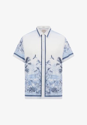 Kurzarmlige Hemd in weißem Stoff mit blauem tropischem Druck von Tigern und Palmen, akzentuiert mit einem blau gestreiften Kragen und Manschetten.