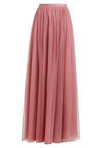 Lange stofroze tule rok met een tailleband, versierd met kleine stippenpatronen en zachte geplooide details.