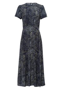 Robe bleu marine à manches courtes, présentant un motif tourbillonnant en jaune et blanc, fabriquée dans un tissu lisse avec une coupe décontractée.