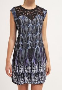 Robe à mi-longueur avec une encolure en dentelle noire, des manches courtes et un imprimé de plumes vibrantes dans des nuances de bleu et de violet, accompagné d'un motif rayé en bas.
