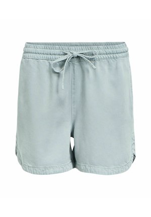 Világoskék pamut rövidnadrág rugalmas derékpánttal és elől húzózsinórral, laza szabású, az alján oldalsó hasítékokkal.