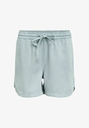 Lichtblauwe katoenen korte broek met elastische tailleband en vooraan trekkoord, losse pasvorm met zijslits aan de zoom.