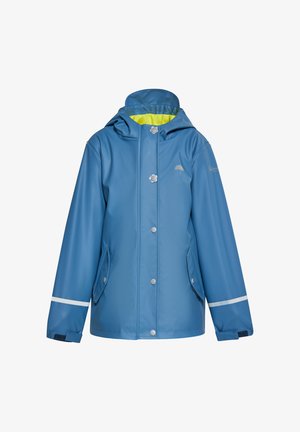 Sinine veekindel jope kapuutsiga, heledate kollaste vooder, kaks eesmist taskut ja peegeldavad valged triibud varrukatel. Sile tekstuur.