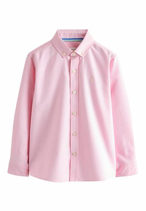 Pink long-sleeve button-up shirt with button-down collar and small embroidered logo on the left chest.