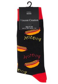 Chaussettes en coton noires avec des accents rouges, illustrées de hot-dogs et du texte "HotDog" en jaune et rouge. Disponibles en taille 41-45.