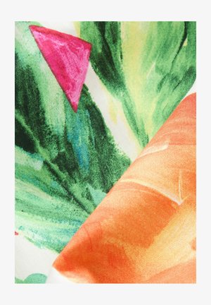 Cotton fabric featuring a colorful print with green and orange hues, geometric shapes, and a textured watercolor effect.