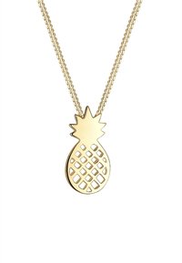 Goldfarbene Anhängerhalskette in Form einer Ananas mit einem strukturierten Gitterdesign, aufgehängt an einer Gliederkette. Verfügt über ein glänzendes Metallfinish.