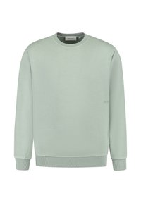 Light green sweatshirt made of soft fabric, featuring a round neck, long sleeves, ribbed cuffs and hem, with a smooth texture and minimal design.