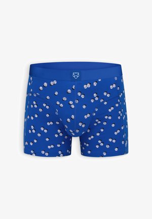 Sinised bokserid valge ja musta pesapallimustriga. Pehme kangas, tihe elastne vöörihm ja lühike säärekate.