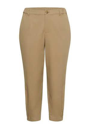 Pantalon beige évasé avec fermeture à boutons, côtés à taille élastique, passants de ceinture et poches avant, présenté sur fond blanc.