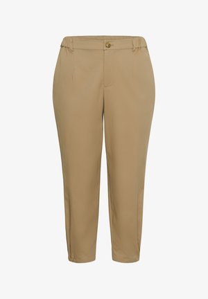 Pantaloni conici bej cu închidere cu nasturi, talie elastică pe părți, buzunare pentru curea și buzunare frontale, expuși pe un fundal alb.