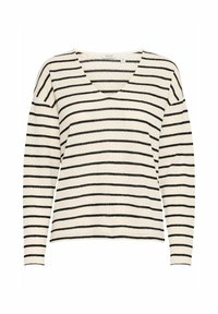 V-Ausschnitt Pullover aus weichem Stoff, mit horizontalen schwarzen Streifen auf einem hellbeigen Hintergrund, langen Ärmeln und einem lockeren Schnitt.