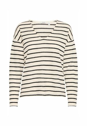 Jersey de pico hecho de una tela suave, con franjas horizontales negras sobre un fondo beige claro, con mangas largas y un corte relajado.