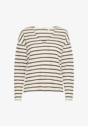 V-hals sweater lavet af blødt stof, med vandrette sorte striber på en lys beige baggrund, med lange ærmer og en afslappet pasform.