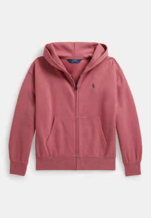 Sweat à capuche rose poudré avec fermeture éclair, poches avant, poignets côtelés et petit logo brodé sur la poitrine.