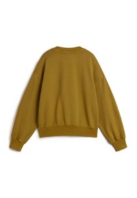 Mosterdgele sweatshirt, zachte katoenen mix, relaxte pasvorm, ribgebreide mouwen en zoom, verlaagde schoudernaden, gladde textuur, geen zichtbare branding.