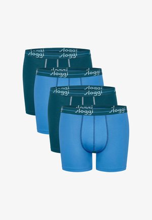 Sloggi miesten bokserit sinisessä ja turkoosissa, joissa on elastiset vyöt, joissa on logo, sileä kangas ja muotoiltu malli. Pakkaus sisältää neljä kappaletta.