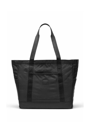 Grand sac fourre-tout noir avec deux bretelles, poche avant et compartiments latéraux, en tissu lisse.