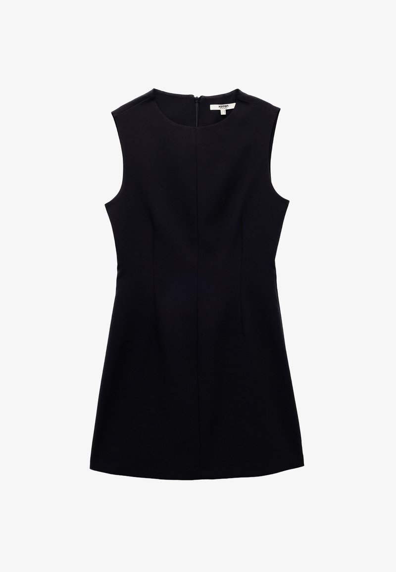 Ärmeloses schwarzes Kleid mit figurbetontem Schnitt, glatter Textur und Reißverschluss auf der Rückseite. Verfügt über senkrechte Nähte für ein strukturiertes Design.