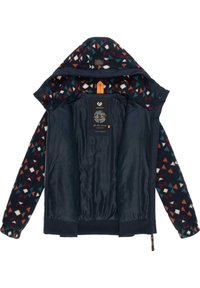 Polarowa kurtka z naszywkami w granatowym kolorze, z geometrycznym wzorem trójkątów w kolorze czerwonym, teal i białym, z kontrastowym satynowym podszewką.