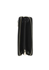 Black zip-around wallet open to show multiple card slots and a central zippered coin compartment with gold-tone zipper pulls.
